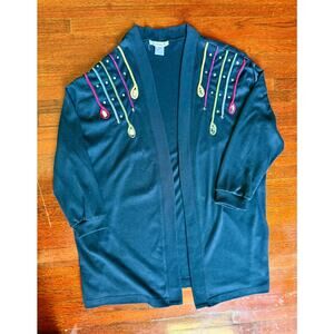 Vintage 80's Rafael Black Colorful Sequin Open Front Cardigan Sweater Large XL